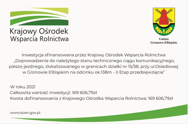 Ilustracja do informacji: Remont drogi gminnej nr 102084N tj. ul. Osiedlowej w miejscowości Gronowo Elbląskie – Etap II